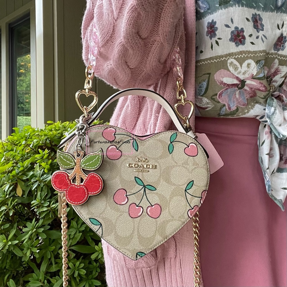 Coach Set Heart Cherry Print Heart Crossbody Triple Jacquard Cherry Charm Chain - Picture 3 of 15